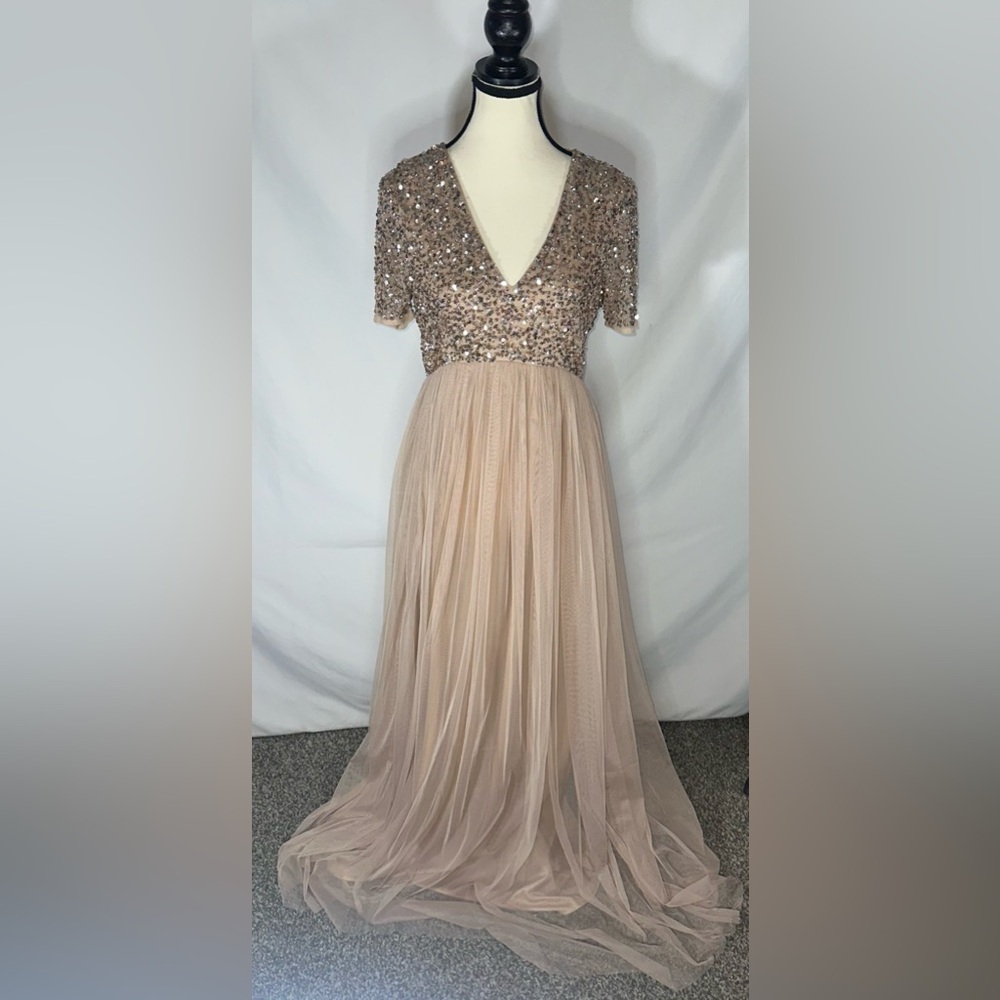 Maya Maternity Size 4 Bridesmaid V Neck Maxi Tulle Dress With Sequins Beige
